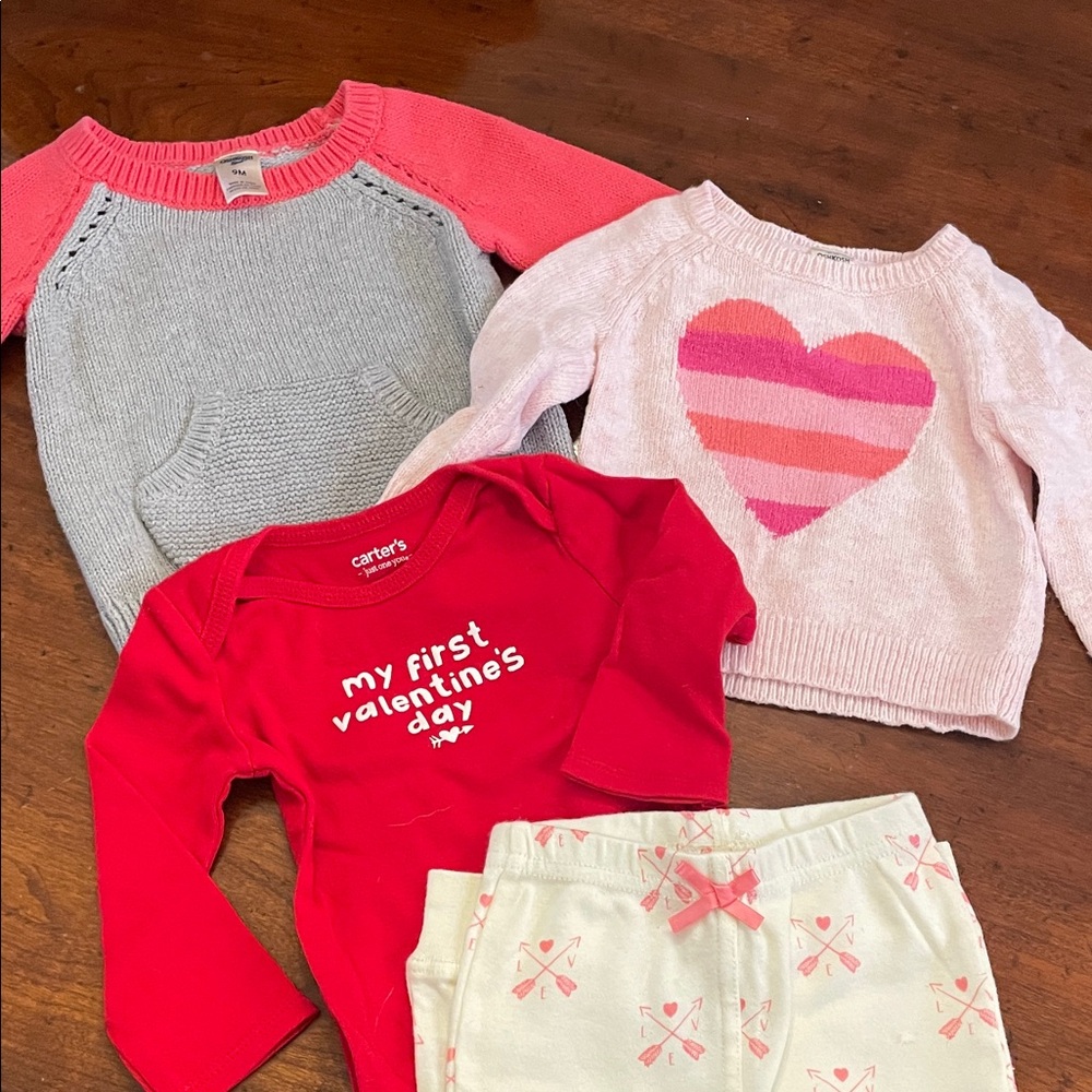9 month girls bundle. Two sweaters and matching Valentine’s Day set